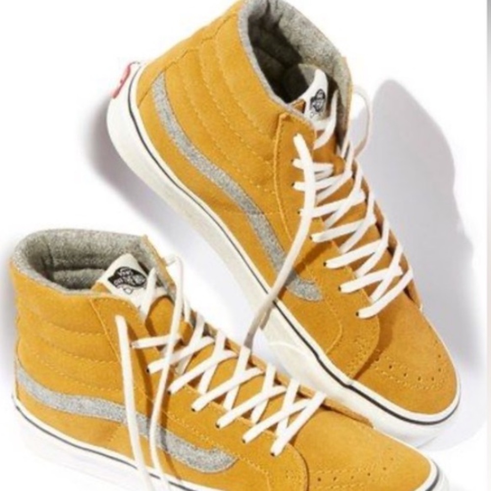 VANS Vintage Suede Hi Top Skate Shoes Mustard Yellow Grey White Woman’s Size 7.5
